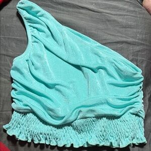 PRINCESS POLLY Aqua One-Shoulder Ruched Top